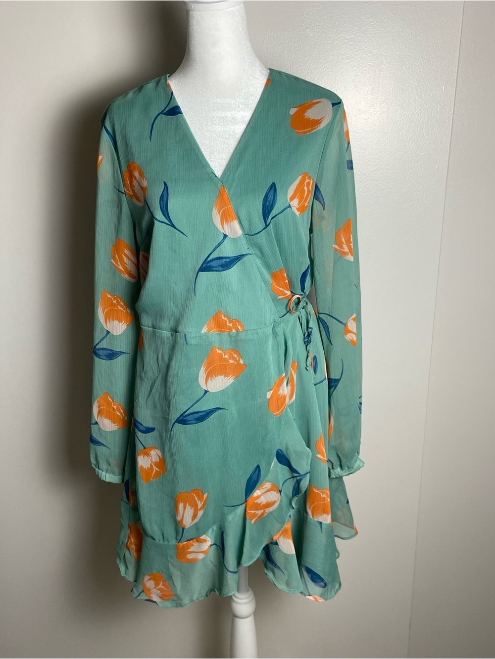 All in Favor Mint Floral Wrap Dress with Orange Tulip Print